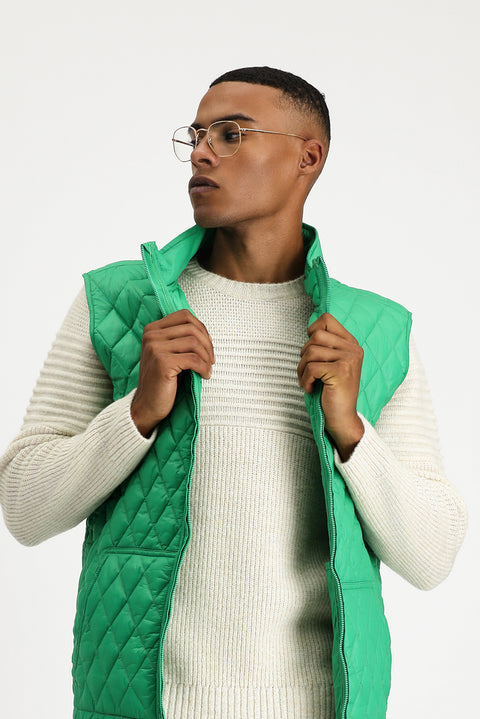 Dark Green Stand-Up Collar Quilted Sports Vest with Pockets and Zipper