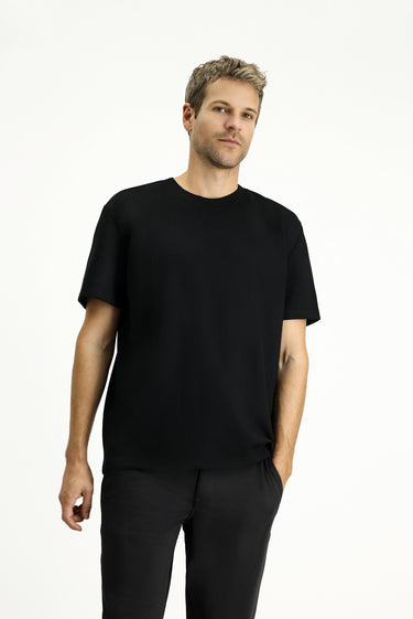 Siyah Bisiklet Yaka Oversize Likralı Baskılı Tişört