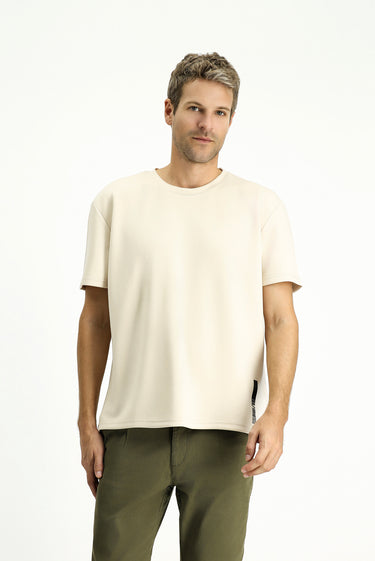 Orta Bej Bisiklet Yaka Oversize Likralı Baskılı Tişört