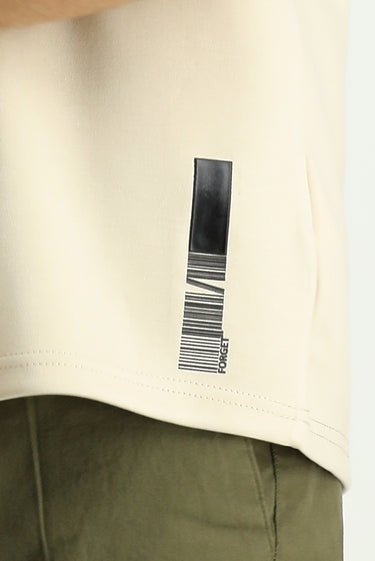 Orta Bej Bisiklet Yaka Oversize Likralı Baskılı Tişört