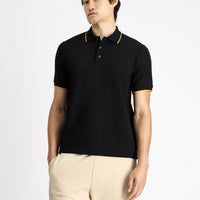 Siyah Regular Fit Desenli Likralı Polo Yaka Tişört