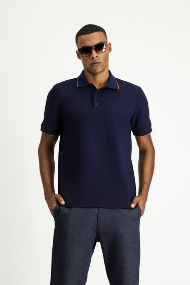 Koyu Lacivert Regular Fit Desenli Likralı Polo Yaka Tişört