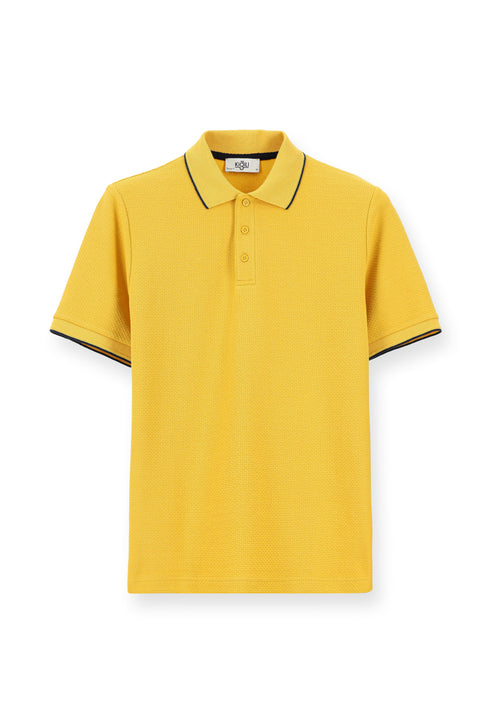 Koyu Sarı Regular Fit Desenli Likralı Polo Yaka Tişört