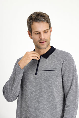 Açık Lacivert Polo Yaka Regular Fit Desenli Fermuarlı Pamuklu Sweatshirt