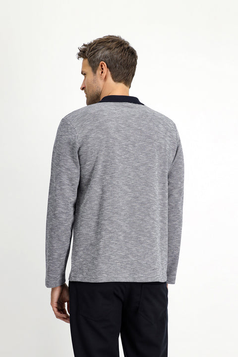 Light Navy Blue Polo Collar Regular Fit Patterned Zip-Up Cotton Sweatshirt