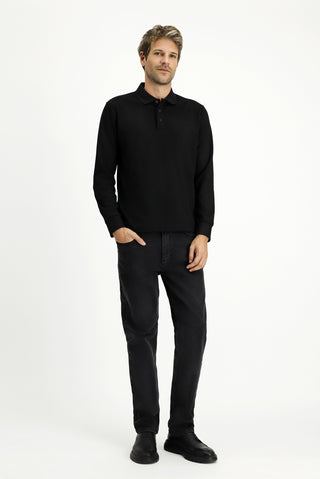 Siyah Polo Yaka Regular Fit Desenli Sweatshirt