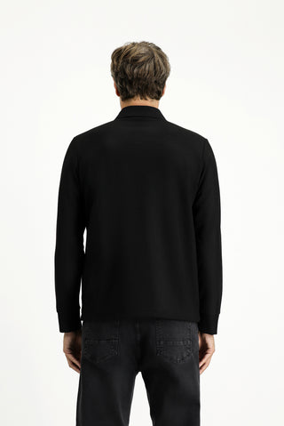 Siyah Polo Yaka Regular Fit Desenli Sweatshirt