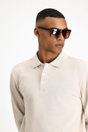 Açık Bej Polo Yaka Regular Fit Desenli Sweatshirt