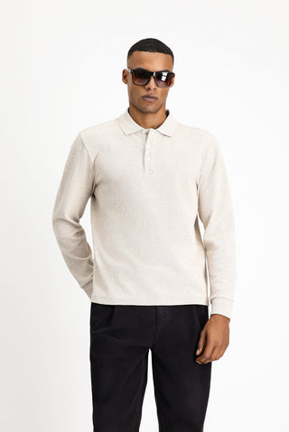 Açık Bej Polo Yaka Regular Fit Desenli Sweatshirt
