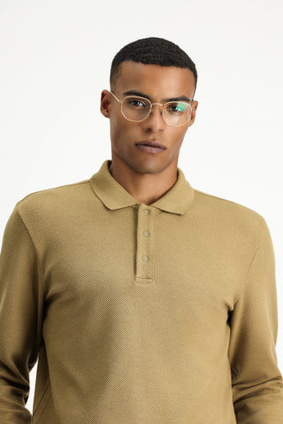 Koyu Bej Polo Yaka Regular Fit Desenli Sweatshirt