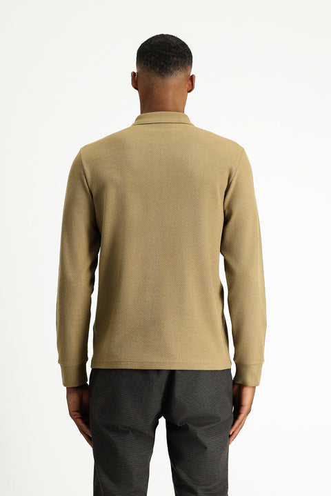 Koyu Bej Polo Yaka Regular Fit Desenli Sweatshirt