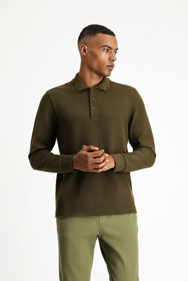 Asker Haki Melanj Polo Yaka Regular Fit Desenli Sweatshirt