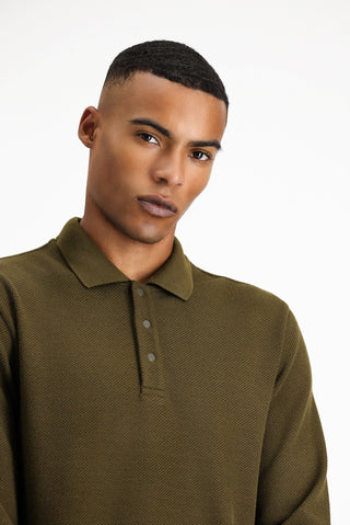 Asker Haki Melanj Polo Yaka Regular Fit Desenli Sweatshirt