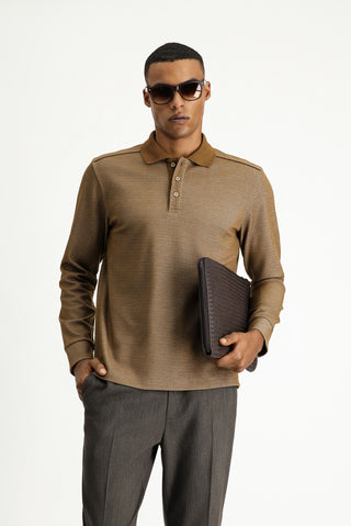 Açık Kahve Polo Yaka Regular Fit Desenli Sweatshirt