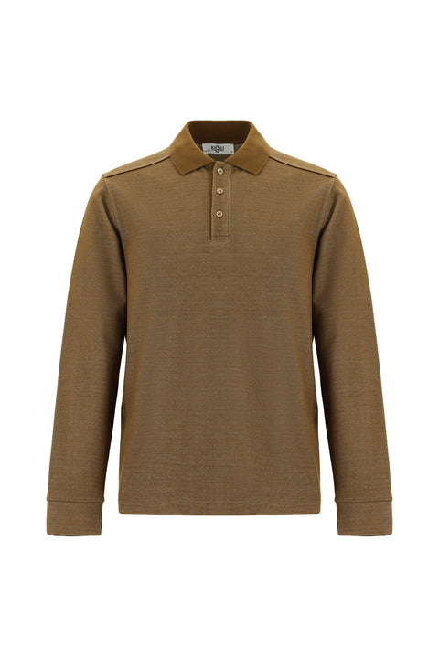 Açık Kahve Polo Yaka Regular Fit Desenli Sweatshirt