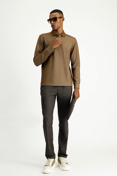Açık Kahve Polo Yaka Regular Fit Desenli Sweatshirt