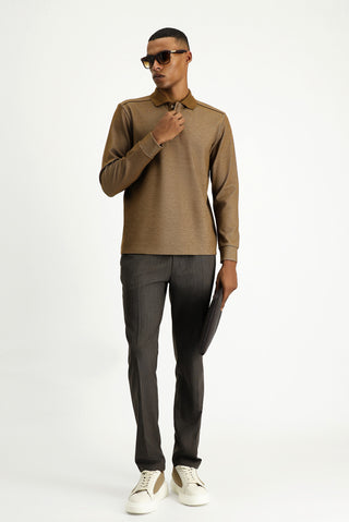 Açık Kahve Polo Yaka Regular Fit Desenli Sweatshirt