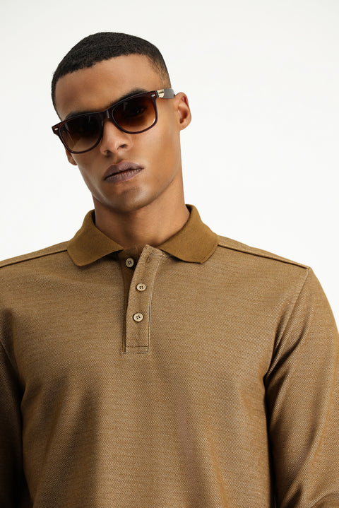Açık Kahve Polo Yaka Regular Fit Desenli Sweatshirt