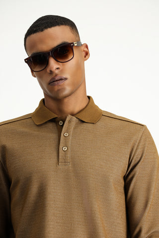 Açık Kahve Polo Yaka Regular Fit Desenli Sweatshirt