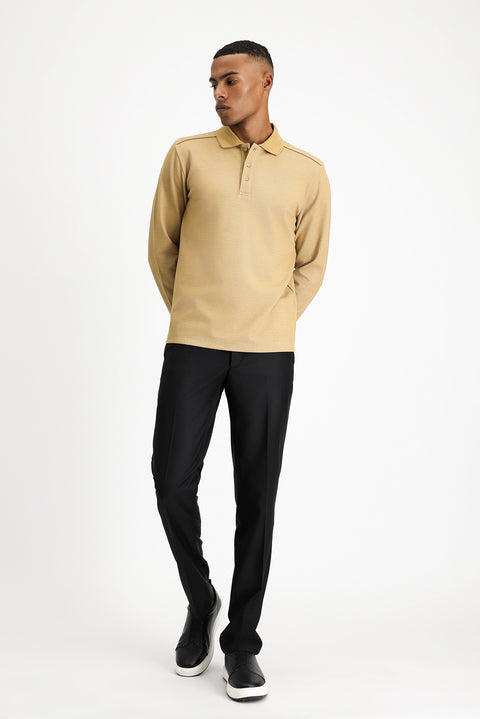 Orta Bej Polo Yaka Regular Fit Desenli Sweatshirt