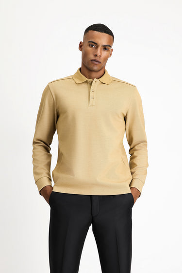 Orta Bej Polo Yaka Regular Fit Desenli Sweatshirt
