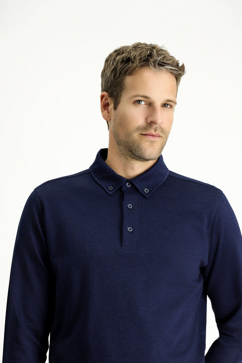 Dark Navy Polo Collar Regular Fit Striped Cotton Sweatshirt