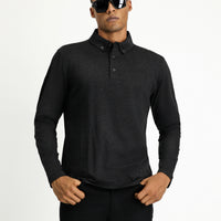Koyu Antrasit Melanj Polo Yaka Regular Fit Çizgili Pamuk Sweatshirt