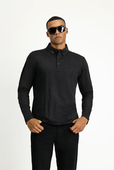 Koyu Antrasit Melanj Polo Yaka Regular Fit Çizgili Pamuk Sweatshirt