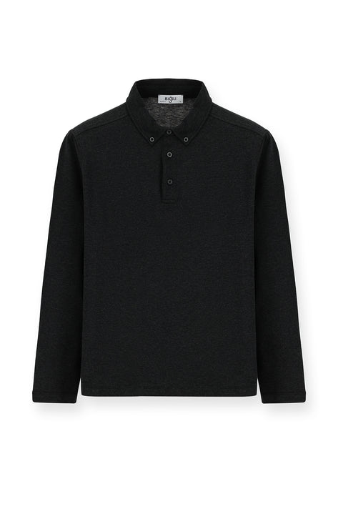 Koyu Antrasit Melanj Polo Yaka Regular Fit Çizgili Pamuk Sweatshirt