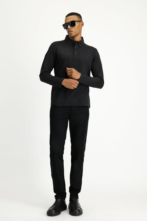 Koyu Antrasit Melanj Polo Yaka Regular Fit Çizgili Pamuk Sweatshirt