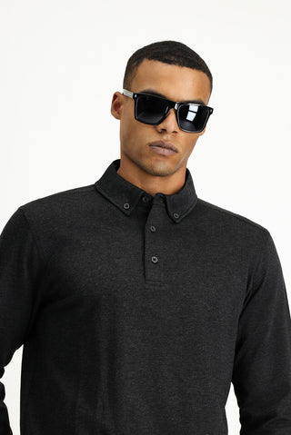 Koyu Antrasit Melanj Polo Yaka Regular Fit Çizgili Pamuk Sweatshirt