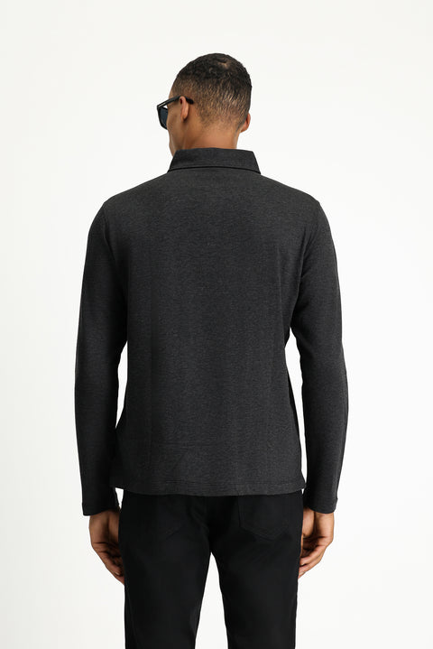 Koyu Antrasit Melanj Polo Yaka Regular Fit Çizgili Pamuk Sweatshirt