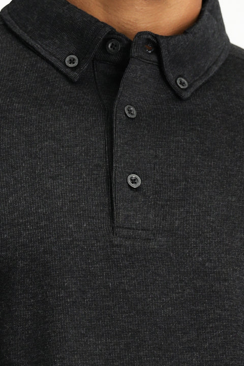 Koyu Antrasit Melanj Polo Yaka Regular Fit Çizgili Pamuk Sweatshirt