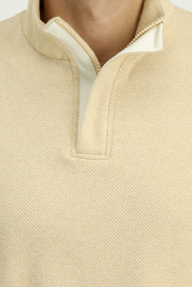 Açık Bej Yarım Balıkçı Yaka Regular Fit Fermuarlı Çizgili Pamuklu Sweatshirt