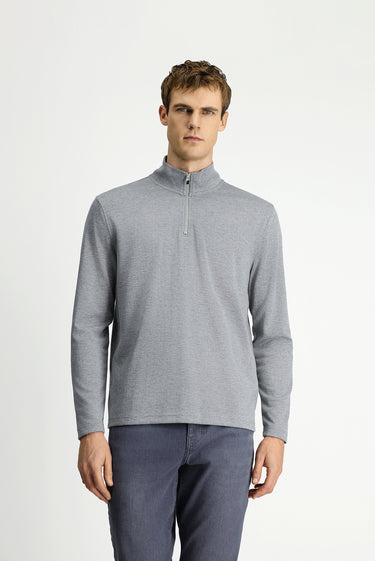 Orta Gri Melanj Yarım Balıkçı Yaka Regular Fit Fermuarlı Desenli Sweatshirt