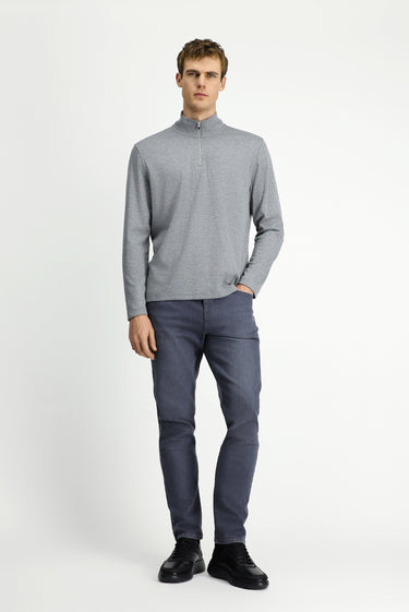 Orta Gri Melanj Yarım Balıkçı Yaka Regular Fit Fermuarlı Desenli Sweatshirt