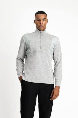 Orta Gri Melanj Yarım Balıkçı Yaka Oversize Fermuarlı Desenli Pamuklu Sweatshirt