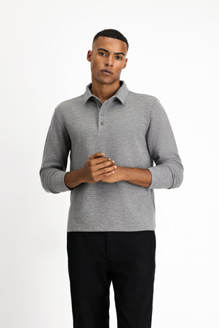 Orta Gri Melanj Polo Yaka Slim Fit Dar Kesim Desenli Sweatshirt