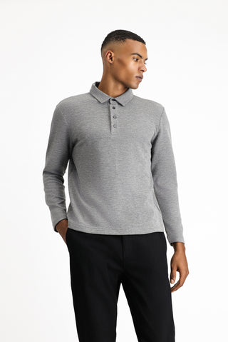 Orta Gri Melanj Polo Yaka Slim Fit Dar Kesim Desenli Sweatshirt