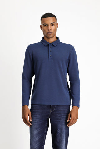 Koyu Lacivert Polo Yaka Slim Fit Dar Kesim Desenli Sweatshirt