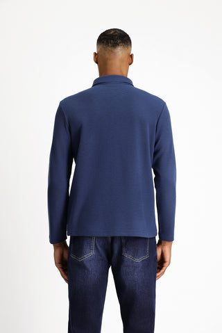 Koyu Lacivert Polo Yaka Slim Fit Dar Kesim Desenli Sweatshirt