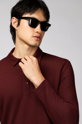 Koyu Bordo Polo Yaka Slim Fit Dar Kesim Desenli Sweatshirt