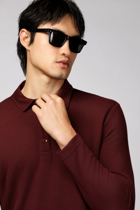 Koyu Bordo Polo Yaka Slim Fit Dar Kesim Desenli Sweatshirt