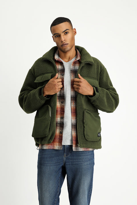 Medium Khaki Plush Sweatshirt with Zipper and Pockets