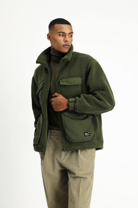 Medium Khaki Plush Sweatshirt with Zipper and Pockets