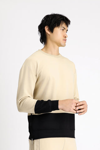Orta Bej Bisiklet Yaka Oversize Desenli Pamuklu Sweatshirt