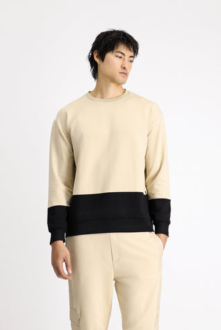 Orta Bej Bisiklet Yaka Oversize Desenli Pamuklu Sweatshirt