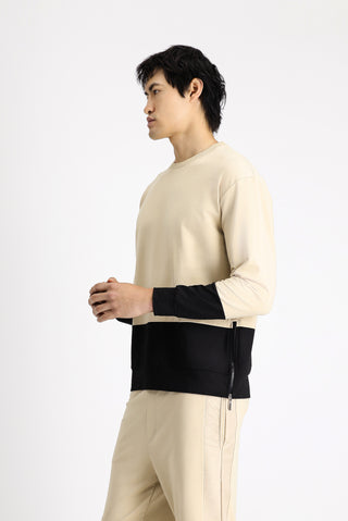 Orta Bej Bisiklet Yaka Oversize Desenli Pamuklu Sweatshirt