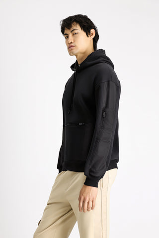 Siyah Kapüşonlu Oversize Fermuarlı Pamuklu Sweatshirt