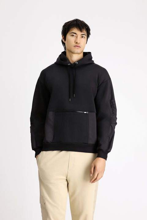 Black Hooded Oversize Zip-Up Cotton Sweatshirt